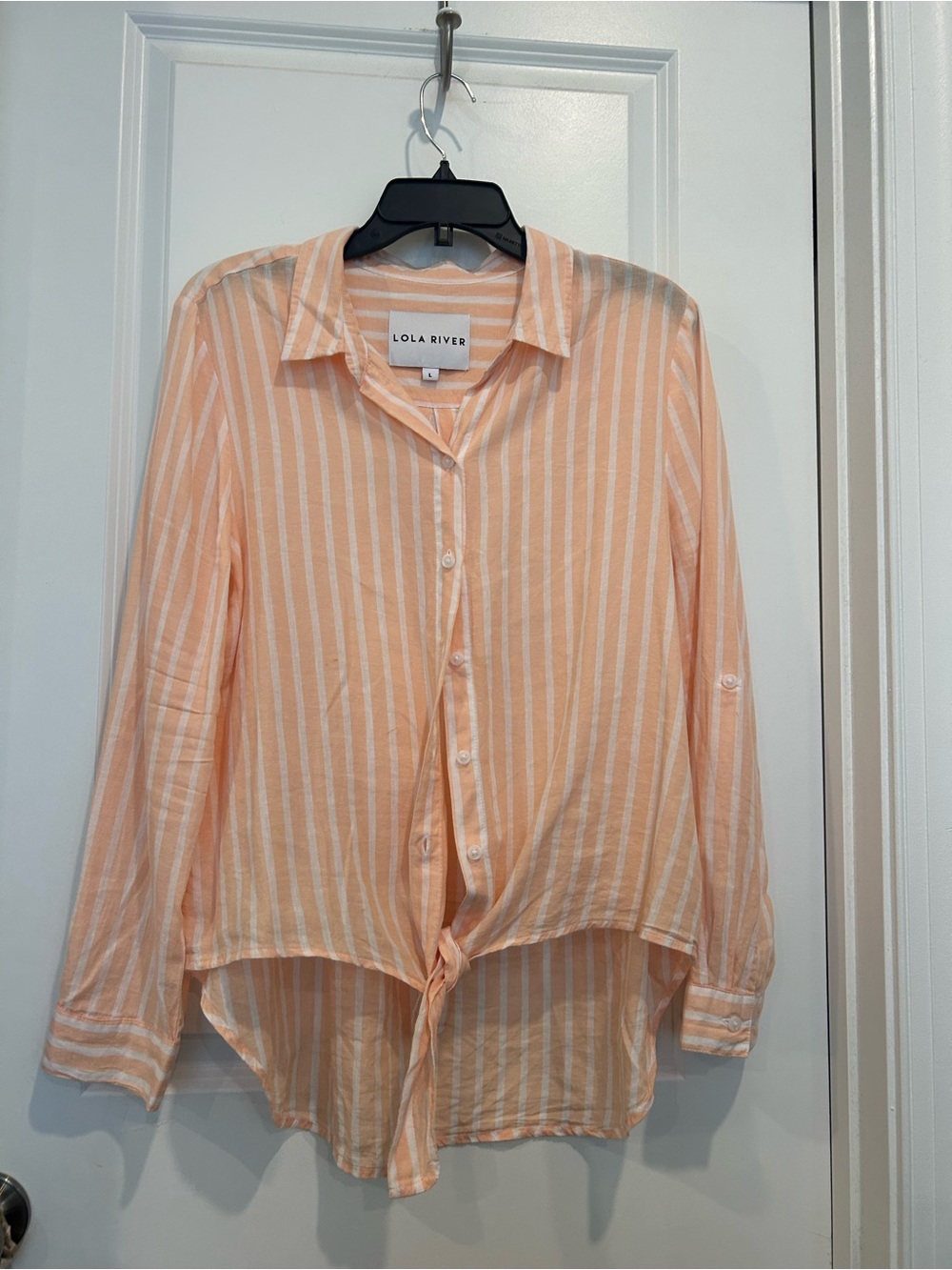 Lola River Peach & White Striped Tie-Hem Button Down Shirt